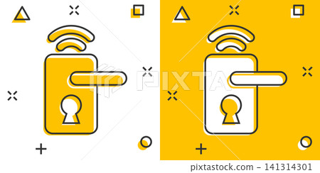 Wireless door lock sign icon in comic style. Smart home vector cartoon illustration on white isolated background. Remote system business concept splash effect. Wireless door lock sign icon in comic style. Smart home vector cartoon illustration on white isolated background. Remote system business concept splash effect. 141314301