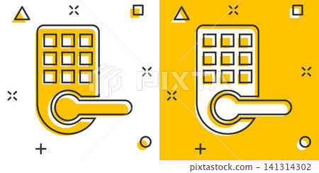 Wireless door lock sign icon in comic style. Smart home vector cartoon illustration on white isolated background. Remote system business concept splash effect. Wireless door lock sign icon in comic style. Smart home vector cartoon illustration on white isolated background. Remote system business concept splash effect. 141314302