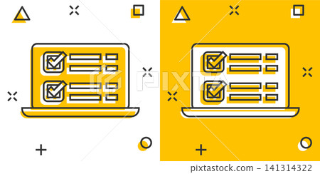 Checklist document sign icon in comic style. Survey vector cartoon illustration on white isolated background. Check mark banner business concept splash effect. Checklist document sign icon in comic style. Survey vector cartoon illustration on white isolated background. Check mark banner business concept splash effect. 141314322