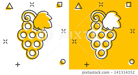 Grape fruits sign icon in comic style. Grapevine vector cartoon illustration on white isolated background. Wine grapes business concept splash effect. Grape fruits sign icon in comic style. Grapevine vector cartoon illustration on white isolated background. Wine grapes business concept splash effect. 141314352