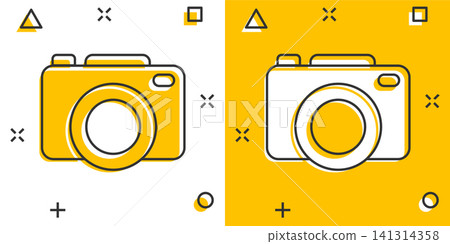 Camera device sign icon in comic style. Photography vector cartoon illustration on white isolated background. Cam equipment business concept splash effect. Camera device sign icon in comic style. Photography vector cartoon illustration on white isolated background. Cam equipment business concept splash effect. 141314358