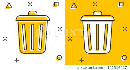 Trash bin garbage icon in comic style. Trash bucket vector cartoon illustration pictogram. Garbage basket business concept splash effect. Trash bin garbage icon in comic style. Trash bucket vector cartoon illustration pictogram. Garbage basket business concept splash effect. 141314417