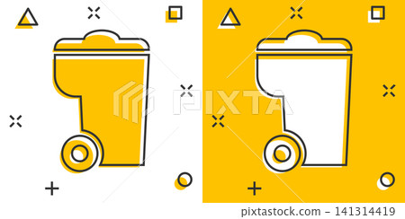 Trash bin garbage icon in comic style. Trash bucket vector cartoon illustration pictogram. Garbage basket business concept splash effect. Trash bin garbage icon in comic style. Trash bucket vector cartoon illustration pictogram. Garbage basket business concept splash effect. 141314419