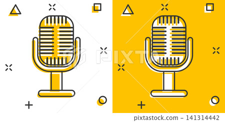 Microphone icon in comic style. Mic broadcast vector cartoon illustration pictogram. Microphone mike speech business concept splash effect. Microphone icon in comic style. Mic broadcast vector cartoon illustration pictogram. Microphone mike speech business concept splash effect. 141314442