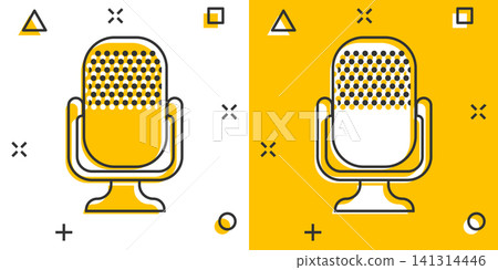 Microphone icon in comic style. Mic broadcast vector cartoon illustration pictogram. Microphone mike speech business concept splash effect. 141314446