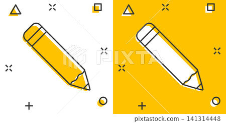 Pencil with rubber eraser icon in comic style. Highlighter vector cartoon illustration pictogram. Pencil business concept splash effect. Pencil with rubber eraser icon in comic style. Highlighter vector cartoon illustration pictogram. Pencil business concept splash effect. 141314448