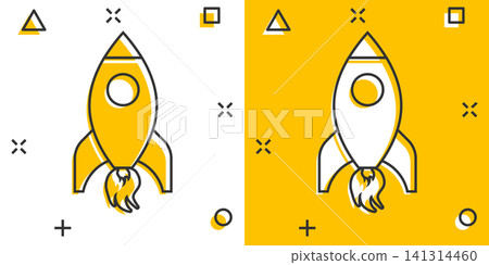 Rocket space ship icon in comic style. Spaceship vector cartoon illustration pictogram. Rocket start business concept splash effect. Rocket space ship icon in comic style. Spaceship vector cartoon illustration pictogram. Rocket start business concept splash effect. 141314460