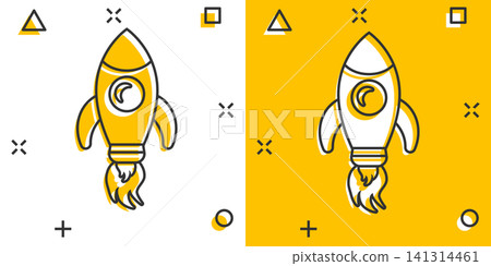 Rocket space ship icon in comic style. Spaceship vector cartoon illustration pictogram. Rocket start business concept splash effect. Rocket space ship icon in comic style. Spaceship vector cartoon illustration pictogram. Rocket start business concept splash effect. 141314461