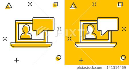 Online training process icon in comic style. Webinar seminar vector cartoon illustration pictogram. E-learning business concept splash effect. Online training process icon in comic style. Webinar seminar vector cartoon illustration pictogram. E-learning business concept splash effect. 141314469
