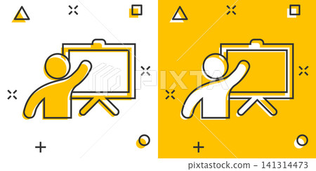 Training education icon in comic style. People seminar vector cartoon illustration pictogram. School classroom lesson business concept splash effect. 141314473