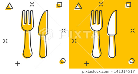 Fork and knife restaurant icon in comic style. Dinner equipment vector cartoon illustration pictogram. Restaurant business concept splash effect. Fork and knife restaurant icon in comic style. Dinner equipment vector cartoon illustration pictogram. Restaurant business concept splash effect. 141314517