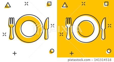 Fork and knife restaurant icon in comic style. Dinner equipment vector cartoon illustration pictogram. Restaurant business concept splash effect. Fork and knife restaurant icon in comic style. Dinner equipment vector cartoon illustration pictogram. Restaurant business concept splash effect. 141314518