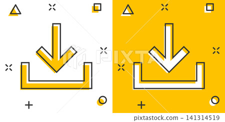Download file icon in comic style. Arrow down downloading vector cartoon illustration pictogram. Download business concept splash effect. Download file icon in comic style. Arrow down downloading vector cartoon illustration pictogram. Download business concept splash effect. 141314519