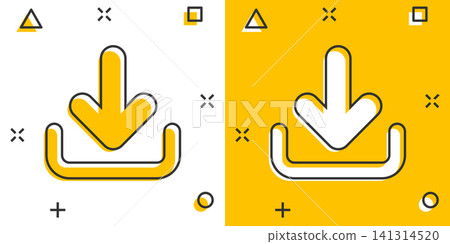 Download file icon in comic style. Arrow down downloading vector cartoon illustration pictogram. Download business concept splash effect. Download file icon in comic style. Arrow down downloading vector cartoon illustration pictogram. Download business concept splash effect. 141314520
