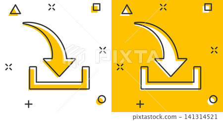 Download file icon in comic style. Arrow down downloading vector cartoon illustration pictogram. Download business concept splash effect. Download file icon in comic style. Arrow down downloading vector cartoon illustration pictogram. Download business concept splash effect. 141314521