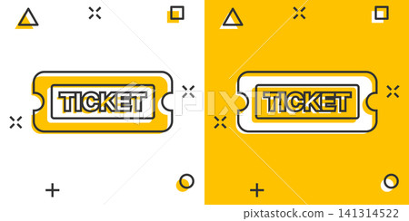 Cinema ticket icon in comic style. Admit one coupon entrance vector cartoon illustration pictogram. Ticket business concept splash effect. Cinema ticket icon in comic style. Admit one coupon entrance vector cartoon illustration pictogram. Ticket business concept splash effect. 141314522