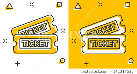 Cinema ticket icon in comic style. Admit one coupon entrance vector cartoon illustration pictogram. Ticket business concept splash effect. Cinema ticket icon in comic style. Admit one coupon entrance vector cartoon illustration pictogram. Ticket business concept splash effect. 141314523