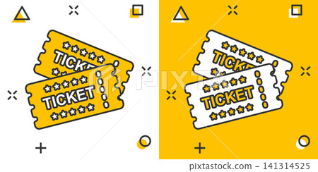 Cinema ticket icon in comic style. Admit one coupon entrance vector cartoon illustration pictogram. Ticket business concept splash effect. 141314525