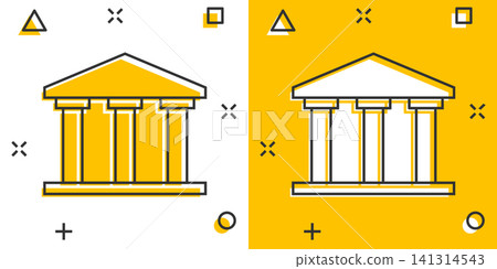Bank building icon in comic style. Government architecture vector cartoon illustration pictogram. Museum exterior business concept splash effect. Bank building icon in comic style. Government architecture vector cartoon illustration pictogram. Museum exterior business concept splash effect. 141314543