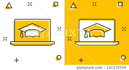 Elearning education icon in comic style. Study vector cartoon illustration pictogram. Laptop computer online training business concept splash effect. Elearning education icon in comic style. Study vector cartoon illustration pictogram. Laptop computer online training business concept splash effect. 141314549
