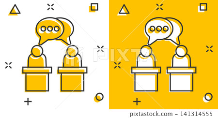 Politic debate icon in comic style. Presidential debates vector cartoon illustration pictogram. Businessman discussion business concept splash effect. Politic debate icon in comic style. Presidential debates vector cartoon illustration pictogram. Businessman discussion business concept splash effect. 141314555