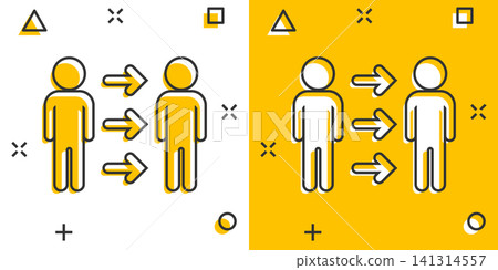 People referral icon in comic style. Business communication vector cartoon illustration pictogram. Reference teamwork business concept splash effect. 141314557