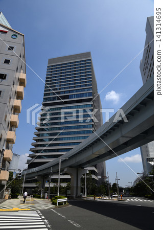 Elevated railway tracks and high-rise buildings near Yurikamome Takeshiba Station Elevated railway tracks and high-rise buildings near Yurikamome Takeshiba Station 141314695