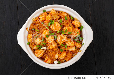 stir-fried prawns with glass noodles and scallions, classic seafood dish stir-fried prawns with glass noodles and scallions, classic seafood dish 141315030