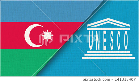 Double Flag of Azerbaijan and UNESCO on Fabric Texture 141315407