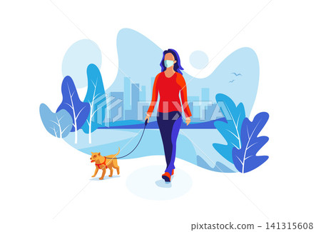 Solo Woman Wearing Face Mask with Dog Walking in City Park Solo Woman Wearing Face Mask with Dog Walking in City Park 141315608
