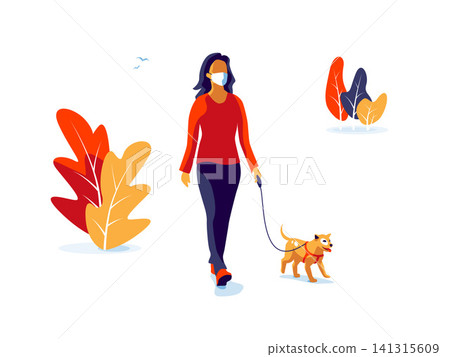 Solo Woman Wearing Face Mask with Dog Walking Isolated on White Background Solo Woman Wearing Face Mask with Dog Walking Isolated on White Background 141315609