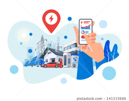 Smartphone with renewable electricity storage energy control usage monitoring app. Smartphone with renewable electricity storage energy control usage monitoring app. 141315688