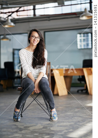 Woman, portrait and smile in office for creative career in concept development for designing agency or company. Female person, carefree and confident in workplace in Atlanta for employee internship. 141315691