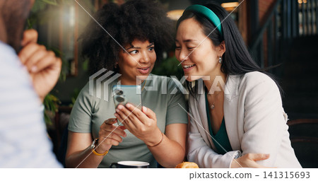 Friends, smartphone and talking in restaurant with scroll, social media and together for relax break on vacation. Young people, phone and check post with networking, happiness and connected in cafe Friends, smartphone and talking in restaurant with scroll, social media and together for relax break on vacation. Young people, phone and check post with networking, happiness and connected in cafe 141315693