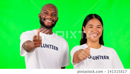 Thumbs up, volunteer and portrait of people on green screen for thank you, agreement and support, Diversity, studio and man and woman with yes hand gesture for charity, community service and help 141315817