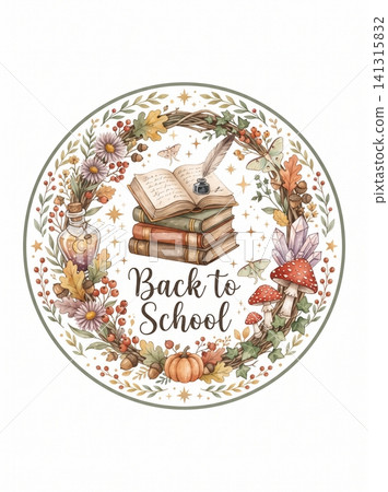 Whimsical autumnal back to school wreath illustration with displays enchanting circular adorned autumnal flora Whimsical autumnal back to school wreath illustration with displays enchanting circular adorned autumnal flora 141315832