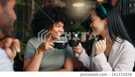 Happy people, friends and talking with coffee at cafe for social, free time or catch up break together. Group smile and enjoying conversation with beverage, drink or cup of tea at indoor restaurant Happy people, friends and talking with coffee at cafe for social, free time or catch up break together. Group smile and enjoying conversation with beverage, drink or cup of tea at indoor restaurant 141315838