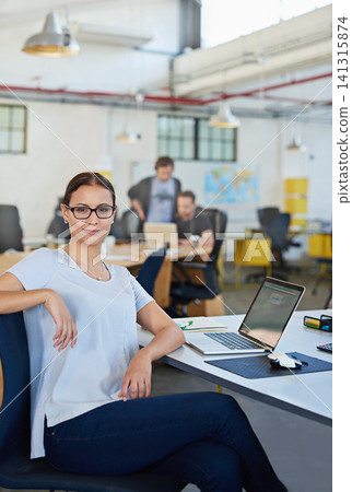 Woman, laptop and portrait in coworking space for company career and online planning for creative research project on web. Female professional designer and smile in office with tech on email internet Woman, laptop and portrait in coworking space for company career and online planning for creative research project on web. Female professional designer and smile in office with tech on email internet 141315874