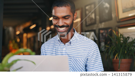 Man, happy and restaurant with laptop, remote work and video call for job, online and internet. Discussion, creative and working for freelance career, copywriter and working on social media Man, happy and restaurant with laptop, remote work and video call for job, online and internet. Discussion, creative and working for freelance career, copywriter and working on social media 141315879