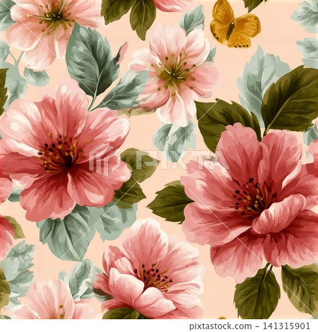 Seamless floral pattern vector illustration featuring pink spring blossom flowers and green leaves with butterflies in a vintage nature wallpaper design Seamless floral pattern vector illustration featuring pink spring blossom flowers and green leaves with butterflies in a vintage nature wallpaper design 141315901