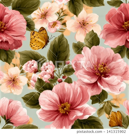 Seamless floral pattern vector illustration featuring pink spring blossom flowers and green leaves with butterflies in a vintage nature wallpaper design Seamless floral pattern vector illustration featuring pink spring blossom flowers and green leaves with butterflies in a vintage nature wallpaper design 141315902