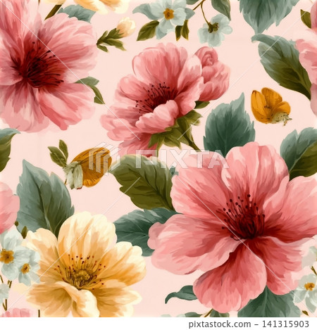 Seamless floral pattern vector illustration featuring pink spring blossom flowers and green leaves with butterflies in a vintage nature wallpaper design Seamless floral pattern vector illustration featuring pink spring blossom flowers and green leaves with butterflies in a vintage nature wallpaper design 141315903