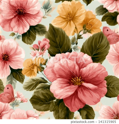 Seamless floral pattern vector illustration featuring pink spring blossom flowers and green leaves with butterflies in a vintage nature wallpaper design Seamless floral pattern vector illustration featuring pink spring blossom flowers and green leaves with butterflies in a vintage nature wallpaper design 141315905