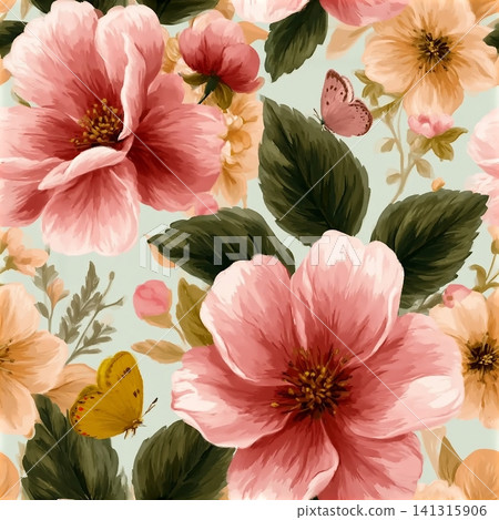 Seamless floral pattern vector illustration featuring pink spring blossom flowers and green leaves with butterflies in a vintage nature wallpaper design Seamless floral pattern vector illustration featuring pink spring blossom flowers and green leaves with butterflies in a vintage nature wallpaper design 141315906