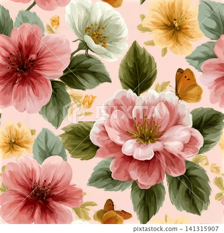 Seamless floral pattern vector illustration featuring pink spring blossom flowers and green leaves with butterflies in a vintage nature wallpaper design Seamless floral pattern vector illustration featuring pink spring blossom flowers and green leaves with butterflies in a vintage nature wallpaper design 141315907