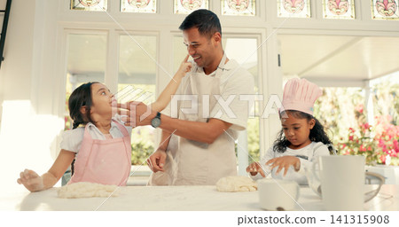 Fun, pastry and dad baking with girls in kitchen, home together for bonding or growth. Play, children or family and female child learning, food and parent in house with kids for childhood development 141315908