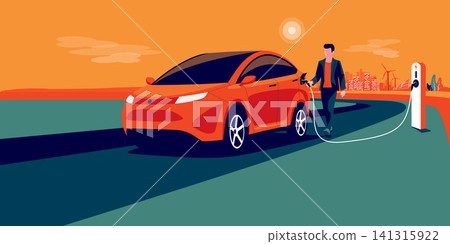 Electric Car Charging with Man Holding Charger Plug from Station with City Skyline Electric Car Charging with Man Holding Charger Plug from Station with City Skyline 141315922