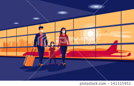 Family Traveler Wearing Face Masks with Luggage Walking at Airport Gate Terminal Family Traveler Wearing Face Masks with Luggage Walking at Airport Gate Terminal 141315952