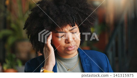 Frustrated black woman, headache and afro in stress, anxiety or mistake for business pressure at cafe. Face of African female person with migraine, pain or depression in mental health at coffee shop Frustrated black woman, headache and afro in stress, anxiety or mistake for business pressure at cafe. Face of African female person with migraine, pain or depression in mental health at coffee shop 141315975