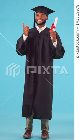 Black man, graduation and pointing up for education achievement with university advertising, portrait and diploma. Success, future and certified, academic course promotion and graduate in studio Black man, graduation and pointing up for education achievement with university advertising, portrait and diploma. Success, future and certified, academic course promotion and graduate in studio 141315979